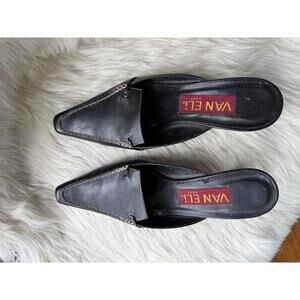 Van Eli Black Leather Pointed Toe Kitten Heel Mules